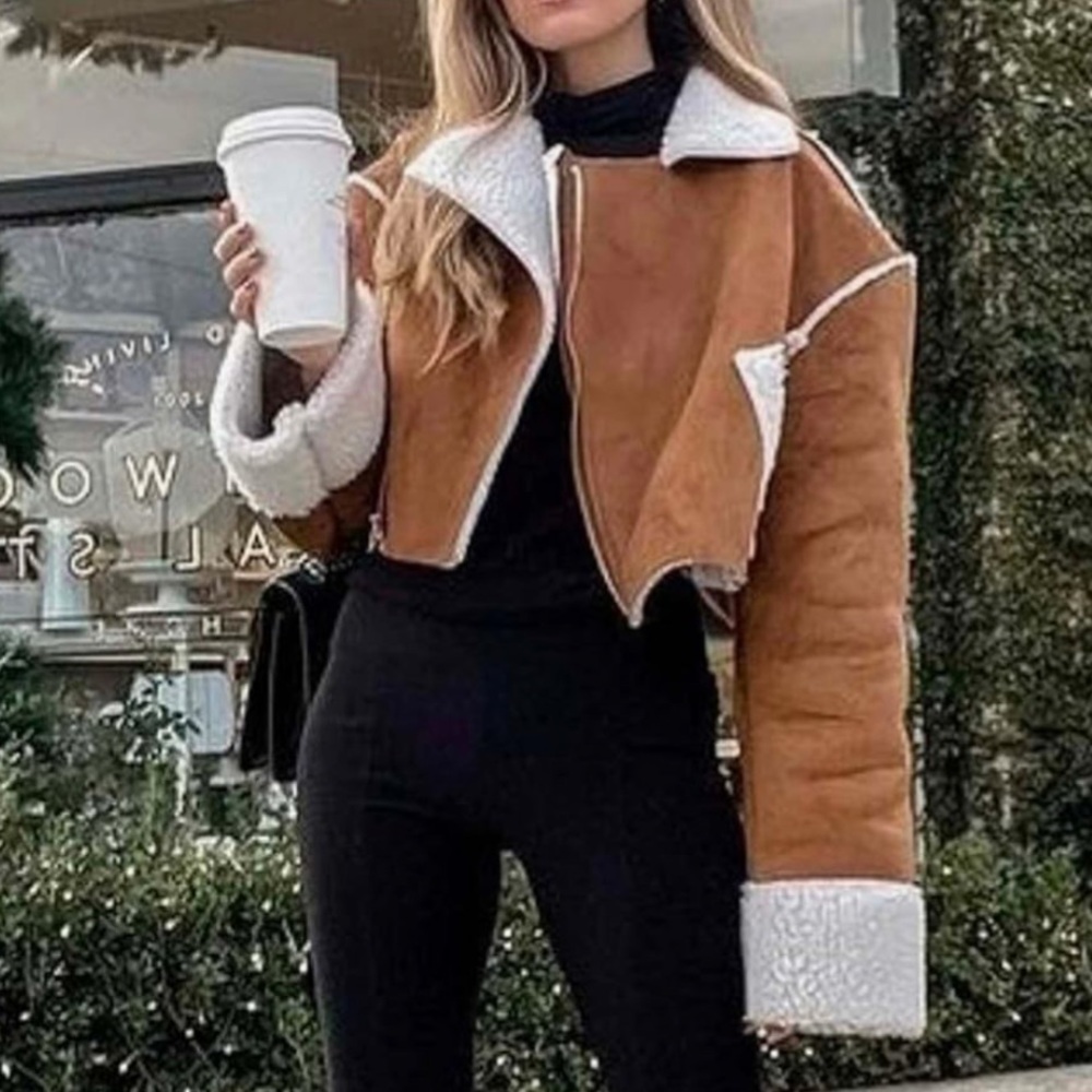 Fire Lady Fur Faux Suede & Fur crop Asymmetrical zip full fur lining & Sleeves